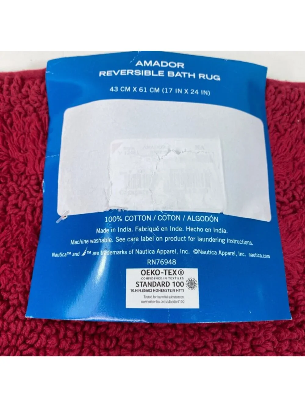 Nautica Reversible Red Bathroom Kitchen Rug Rectangle 100% Cotton 17